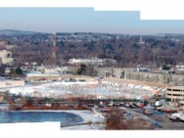 A panoramic view of Allston: the science site (center), Harvard stadium (right)