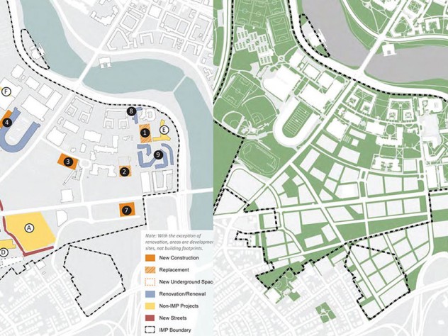 Source: Draft Environmental Impact Report, December 2013 Harvard in Allston, now (above) and in development (left). The figure at left shows existing uses, such as the athletic facilities (the Stadium is the blue <em>U</em>) and the Business School campus.