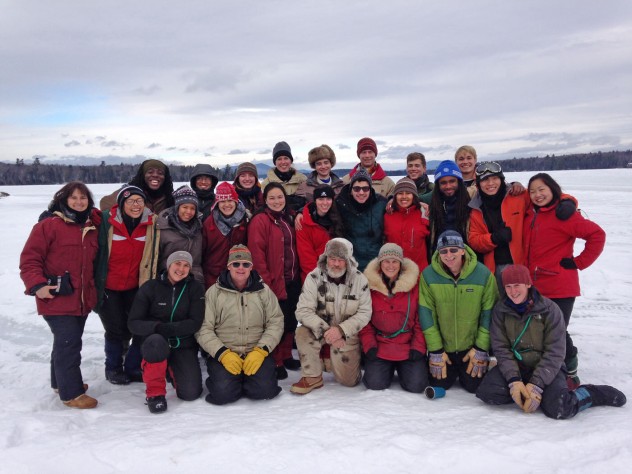 Photograph courtesy of Pforzheimer House Students, guides, and House Master Anne Harrington (far left) pose on the frozen lake.
