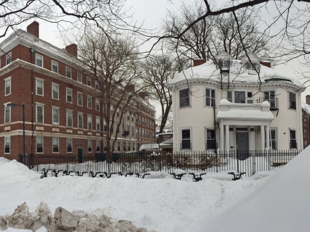 Photograph by Harvard Magazine/JS The white wood frame house will become the Winthrop House Master's residence. An addition will connect it to Gore Hall, at left.