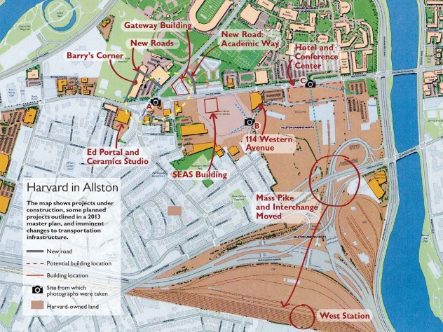 Harvard in Allston (<a title="Harvard in Allston (map)" href="http://harvardmagazine.com/sites/default/files/MA15_pg22_map.jpg" target="_blank">Click to view a larger version.</a>) The map shows projects under construction, some planned projects outlined in a 2013 master plan, and imminent changes to transportation infrastructure.