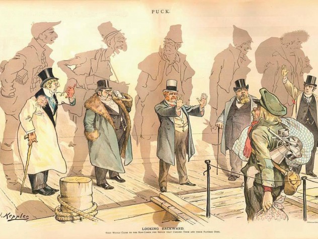 The views of Charles William Eliot and Oliver Wendell Holmes Sr. (whose images follow) aided the descendants of immigrants in keeping out new immigrants, as depicted in Joseph Keppler’s 1893 political cartoon “Looking Backward,” from Puck.
