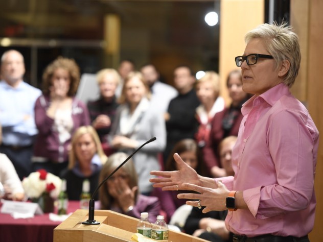 Anna Collins ’86, one of several former players who spoke at a reception celebrating the endowment of the women’s basketball head coaching position, reminded attendees of the symbolic significance of their support: “Words matter,” she said, “but money talks.”