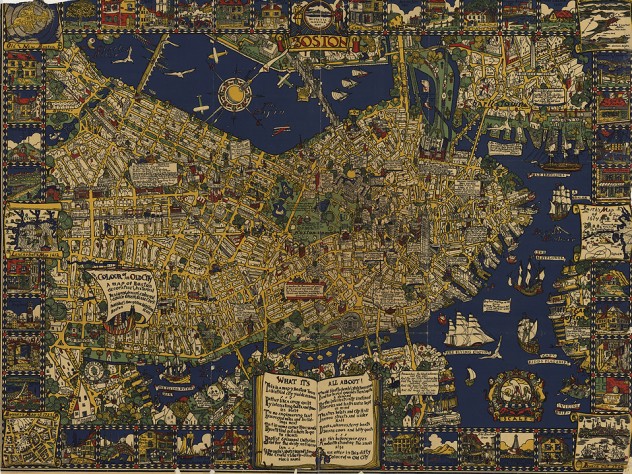 A bright and colorful historical map of Boston with details of streets, buildings, and green spaces