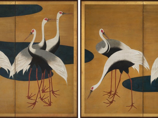 A grouping of Japanese cranes against a gold background