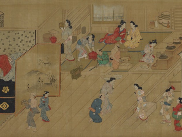 Painting of women and men preparing for evening guests at an inn in Edo’s red-light district