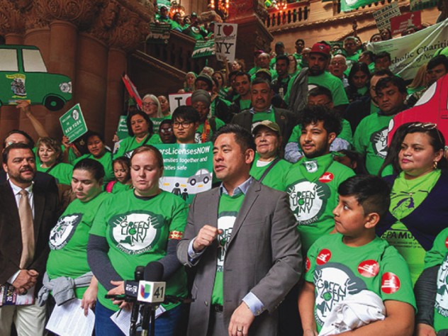 Photograph of Steven Choi urging passage of driver’s license bill
