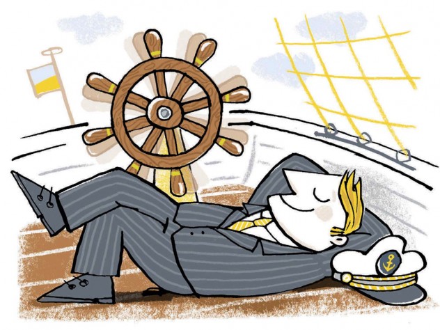 A businessman reclines on the deck of a ship with no one at the helm