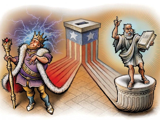 Flanking a ballot box are a monarch on the left and a senator holding a book of law on the right.