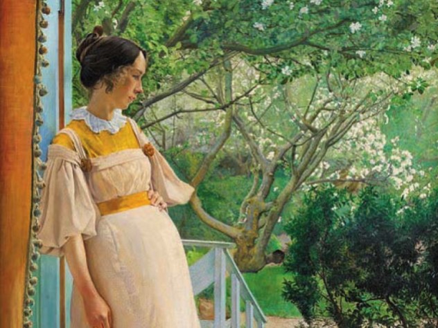 Painting of a young woman standing at a French window, looking at a verdant garden
