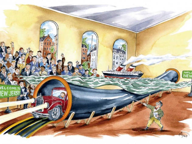 Cartoon shows an audience viewing a 3D rendering of the Holland Tunnel, with a ship floating above it and a car emerging from one end