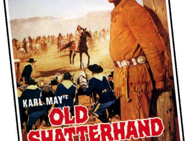 A movie poster advertising Old Shatterhand, showing the frontiersman tied to a stake