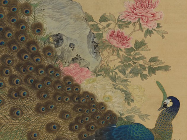 A painting of a male peacock in full plumage, with pink peonies in full bloom
