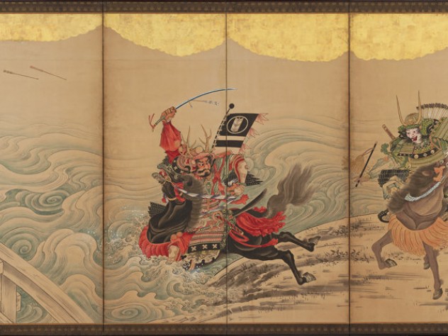 Two armored warriors race their horses along a foaming river