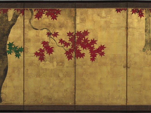 Maple trees with red and green foliage against a gold background