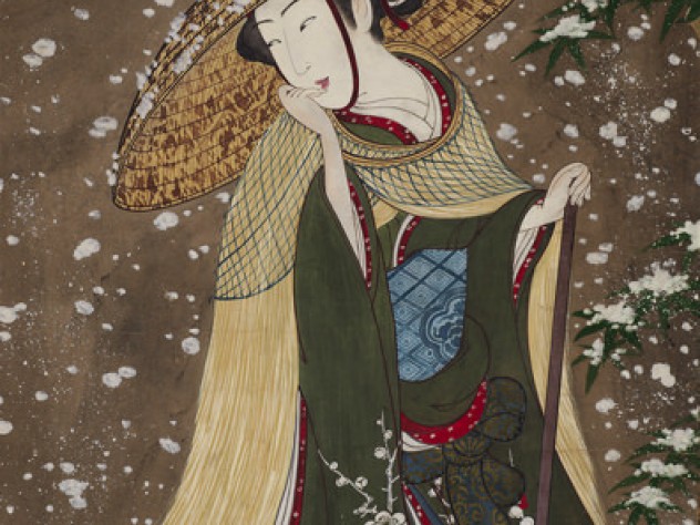 A young woman stands in a field in the snow