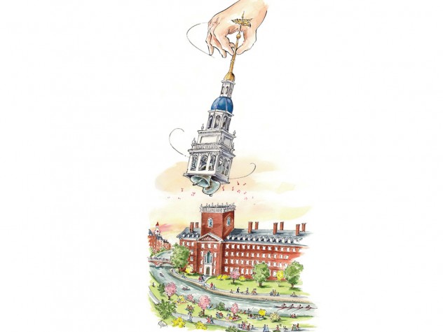 Mark Steele illustration of Lowell House’s bells being rung for the first time by a giant hand stretching from a cloud to swing the detached belfry.