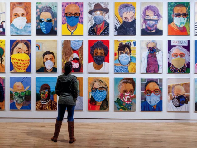 Zoom-like grid of colorful portraits of people in pandemic-era face masks.