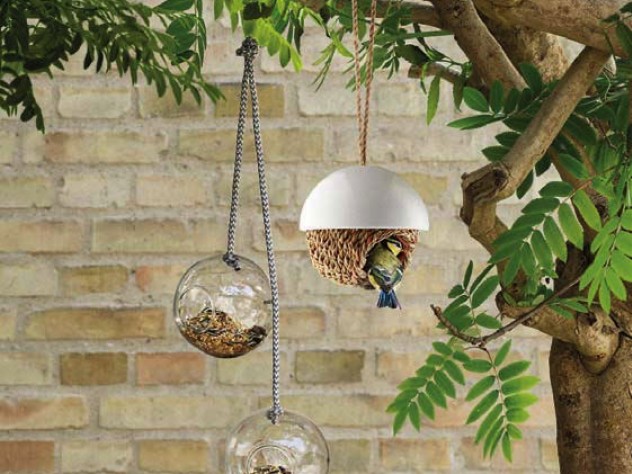 Two hanging bird feeders plus a hanging nesting basket dangle from a tree branch.