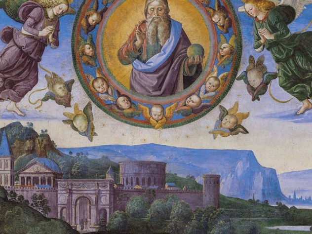 Perugino image of angels and Jesus above a skyline, from the Sistine Chapel