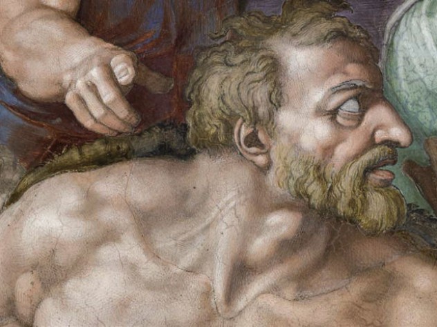 Head and torso of a man painted by Michelangelo on the Sistine Chapel ceiling.