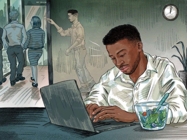 illustration of a black employee working and eating at his desk while colleagues go out to lunch