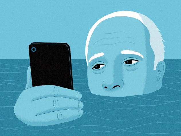 Blue-tinted illustration of a man holding his head and his smartphone above water.