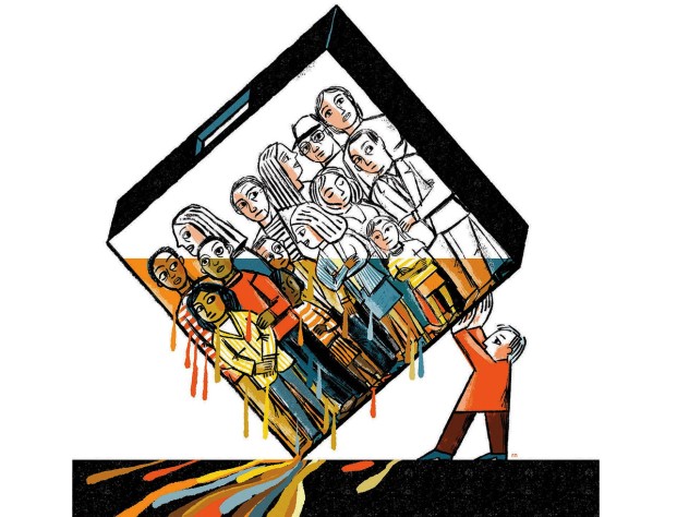 A colored illustration of diverse voters in a ballot box from which the color is being drained