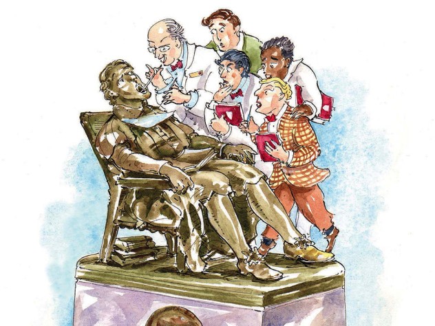 Drawing of Harvard Dental School giving John Harvard statue a dental check-up