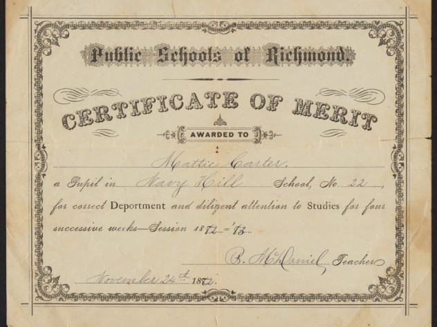 Certificate of merit awarded to Mattie Carter, a pupil in the Navy Hill School