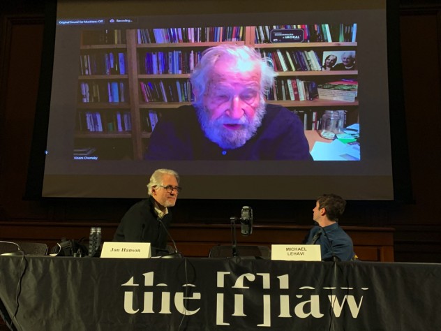 Photograph of Noam Chomsky videoconference at a Harvard Law School event discussing corporate capture of the legal profession