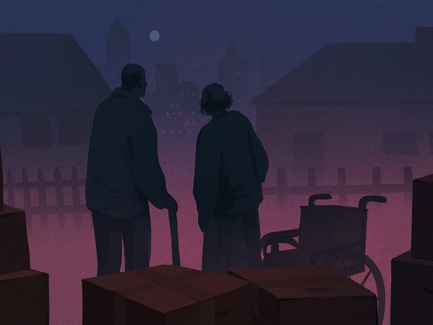 An elderly couple with infirmities stand on a sidewalk with their moving boxes