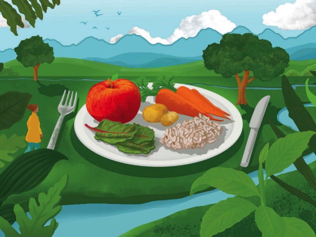 In a verdant landscape sits a plate with healthy foods