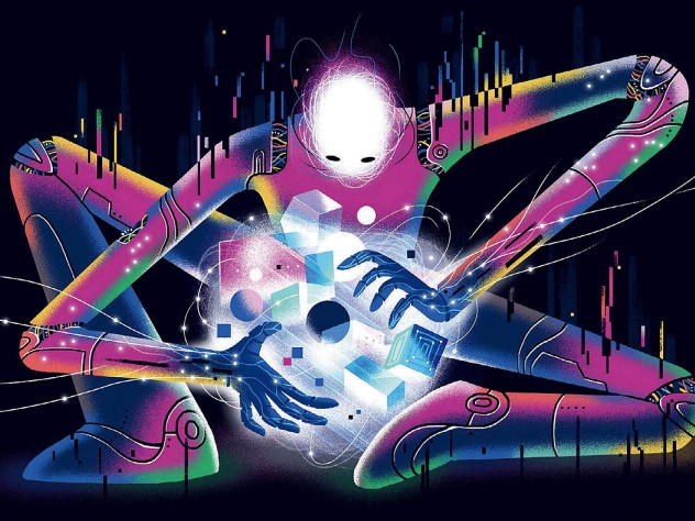 Illustration of an anthropomorphized artificial intelligence or AI breaking into a system