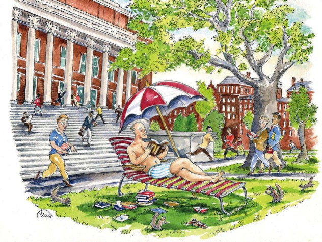 Illustration depicting a summer-school student sunbathing on the steps of Widener Library