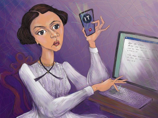 Illustration of Emily Dickinson talking to tech support