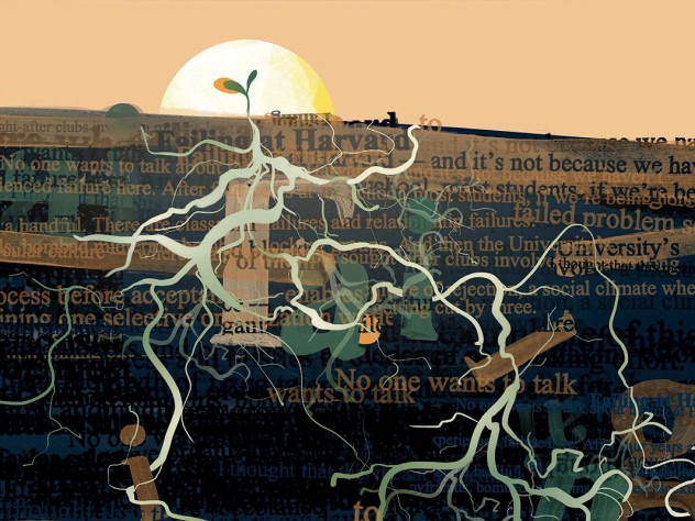 Conceptual illustration of a budding plant with long roots reaching into words of failure