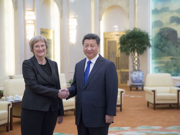 Harvard President Drew Faust meets with President Xi Jinping of the People’s Republic of China inside the Great Hall of the People, in Beijing.