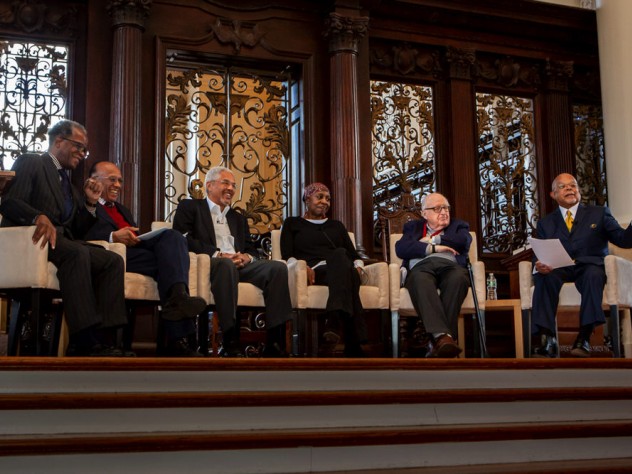 The founders panel: (from left) Lee Daniels '71, Orlando Patterson, Jeffrey Howard '69, Octavia Hudson '71, Henry Rosovsky, Henry Louis Gates Jr.