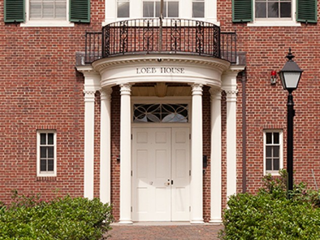 A photograph of the entrance to Loeb House, where Harvard’s governing boards meet.