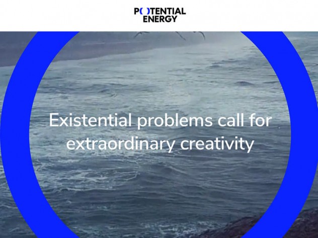 The homepage of the nonprofit Potential Energy Coalition, showing a blue circle superimposed on a black-and-white photograph of the ocean