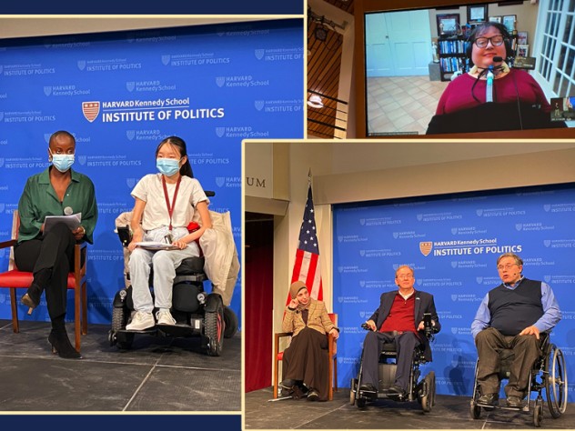 Collage of participants in a panel discussion at Harvard Kennedy School