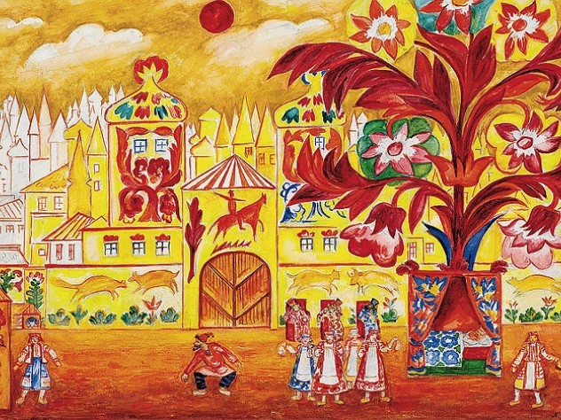 Courtesy of the Harvard Theatre Collection <em>The City Square,</em> 1937, a scene design by Natalia Goncharova for <em>Le Coq d’Or</em>