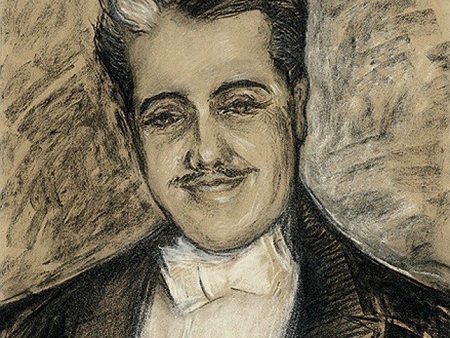 A portrait of Diaghilev in graphite and chalk, by Constantine Korovine