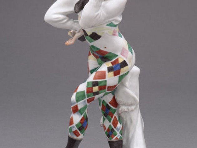 Courtesy of the Harvard Theatre Collection A painted porcelain figurine of Nijinsky as Harlequin in <em>Carnaval</em>