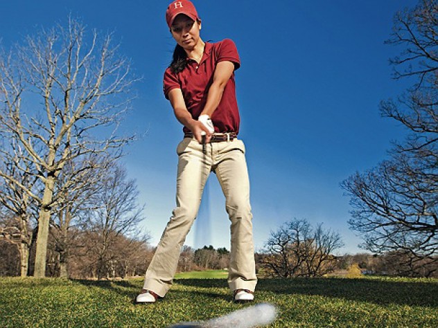 At the Fresh Pond Golf Course in  Cambridge, Emily Balmert ’09 of the women’s golf team—the first Harvard woman to win the Ivy championship—swings into spring.
