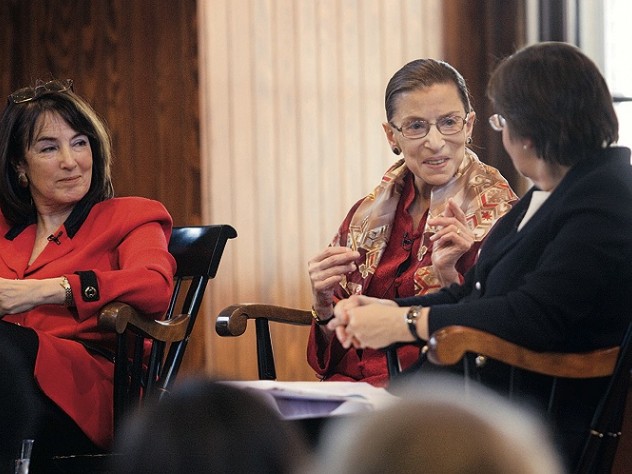U.S. district judge Nancy Gertner (left) listens as Linda Greenhouse ’68, formerly the Supreme Court reporter for the <em>New York Times,</em> questions Supreme Court Justice Ruth Bader Ginsburg.