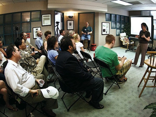 Li, here addressing a technology networking group in Palo Alto, tells clients, “You will always feel a little bit queasy if you are doing this right."