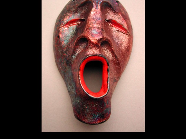 Courtesy of Stonington Gallery The mask shows the metallic effect produced by raku glazing. The singing spirit, a common motif in Charette’s work, represents a Yup’ik view of the life cycle: as mortals rejoice at a new birth, the spirit world mourns the loss of a friend; when earthly life ends and that spirit rejoins its friends, spirits rejoice as mortals grieve.