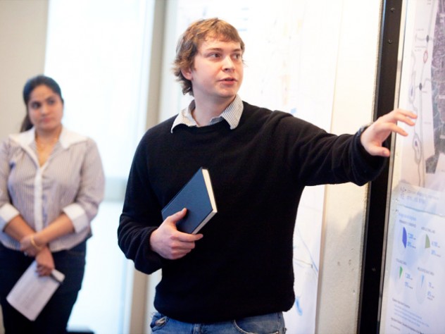 Photograph by Kris Snibbe/Harvard News Office His students Chandrani Majumdar and Daniel Stevens present their water-sensitive plan for the township in a March 10 class, before visiting China to see the site.